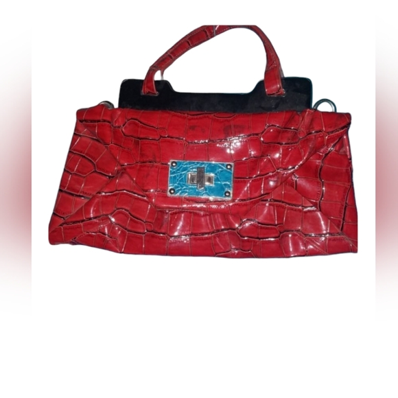 Nicole Lee Handbags - L) Red Croc Embossed Patent Leather Handbag Tote Purse